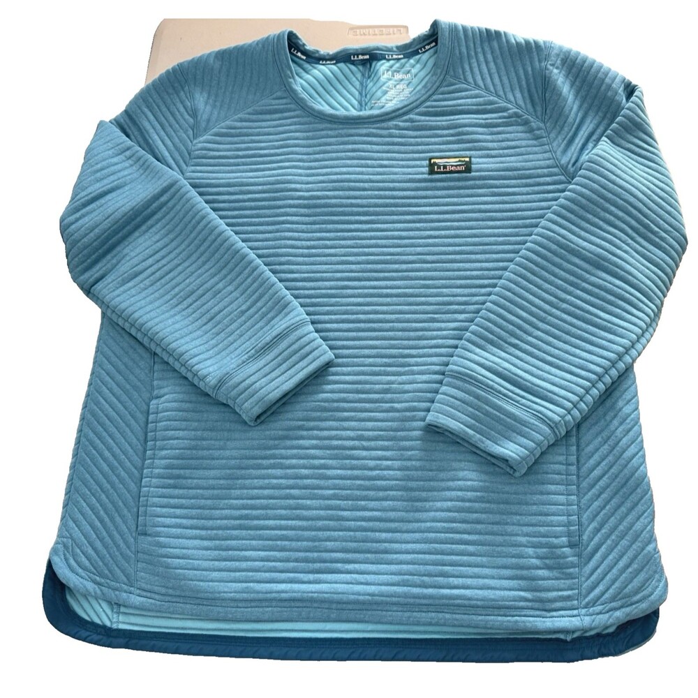 LL Bean Airlight Ribbed Quilted Crew Neck Pullover Women Size XL Blue Pockets